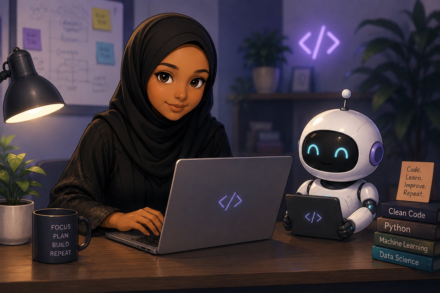 Khadiga coding at her desk with Doji, her AI companion