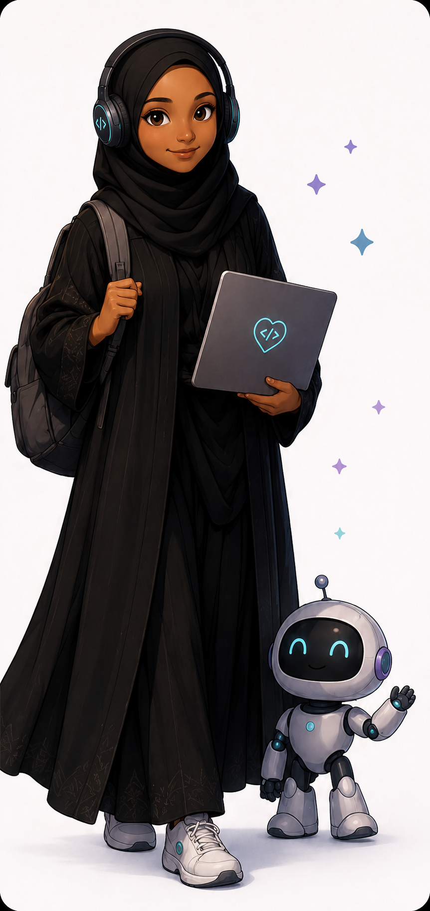 Khadiga standing with her laptop and Doji, her AI companion